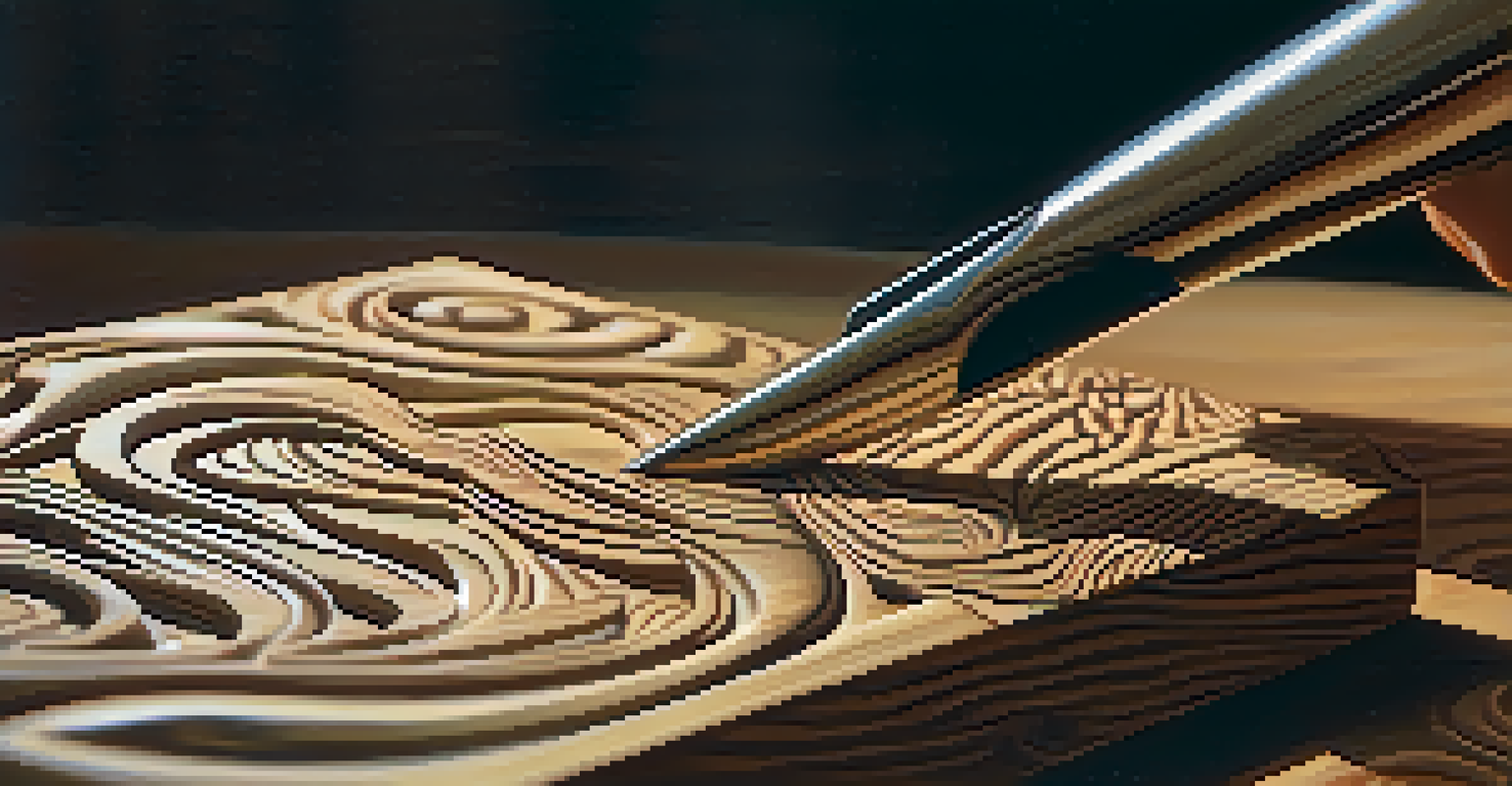 Close-up of hands carving detailed patterns into wood, with a focus on the tool and wood grain texture.