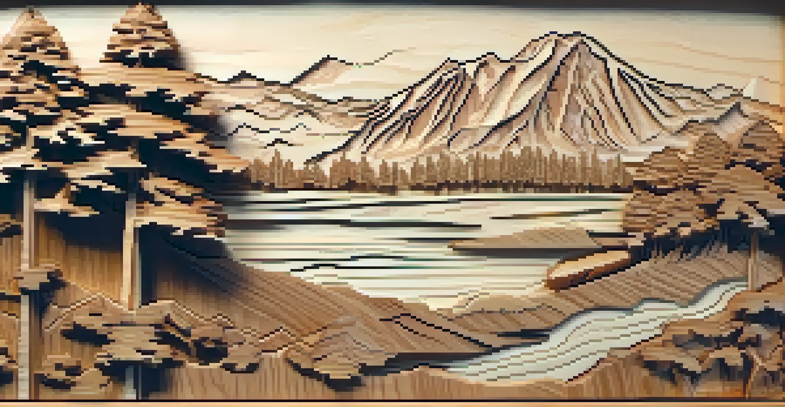 A close-up of a scenic landscape relief carving on cherry wood, highlighting intricate details and natural grain.