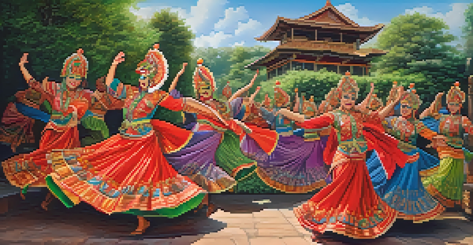 Dancers performing in traditional costumes with intricately carved masks, set against a lush greenery backdrop during a cultural celebration.