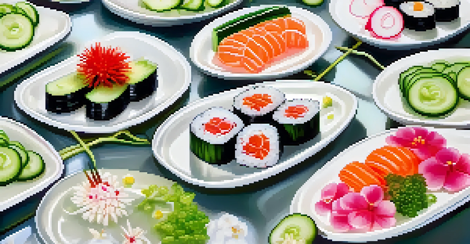 An elegant sushi plate garnished with carved radish flowers and cucumber, showcasing a vibrant culinary presentation.