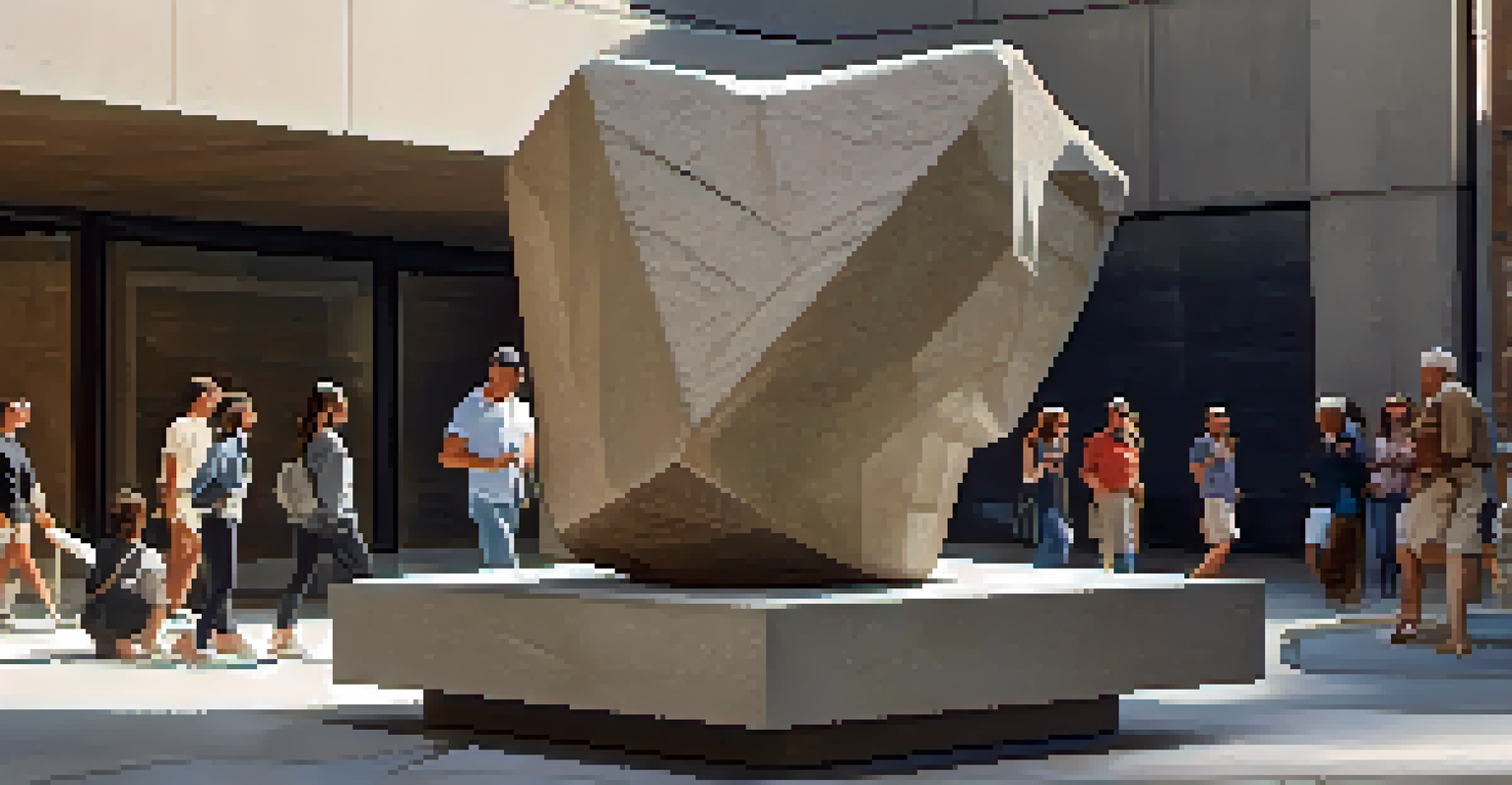 An abstract modern stone sculpture in a public space, with people interacting around it under bright daylight.