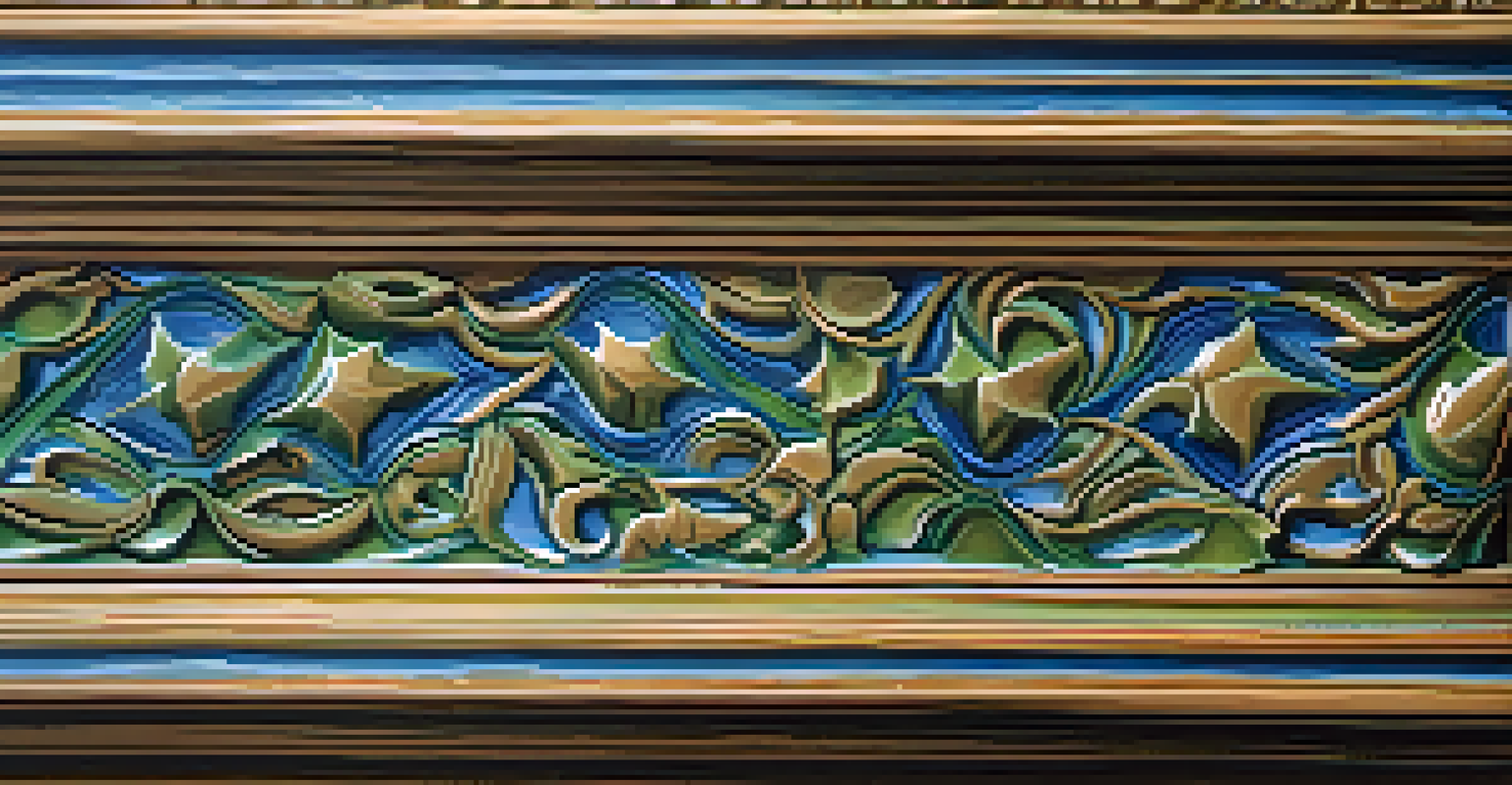 A close-up of a carved artwork with smooth and rough textures in shades of blue and green, illuminated by sunlight.