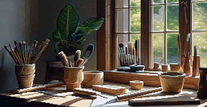 A bright and calming carving workspace with wooden tools and a plant on a table.