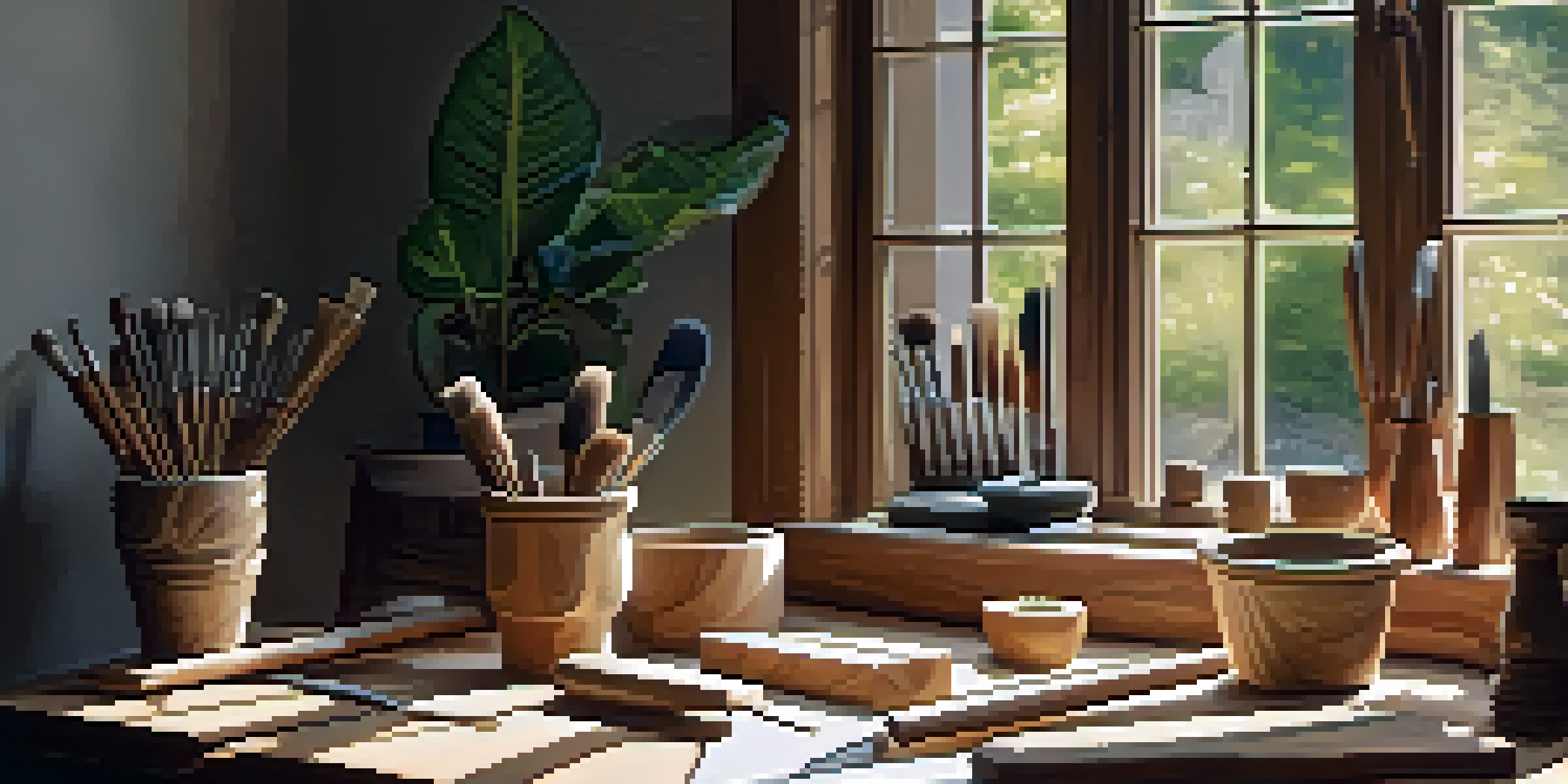 A bright and calming carving workspace with wooden tools and a plant on a table.