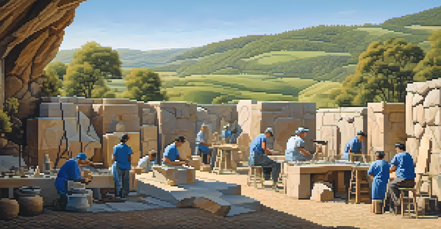 An outdoor workshop with stone carvers working on sculptures against a backdrop of rolling hills and a clear sky, creating a vibrant atmosphere.