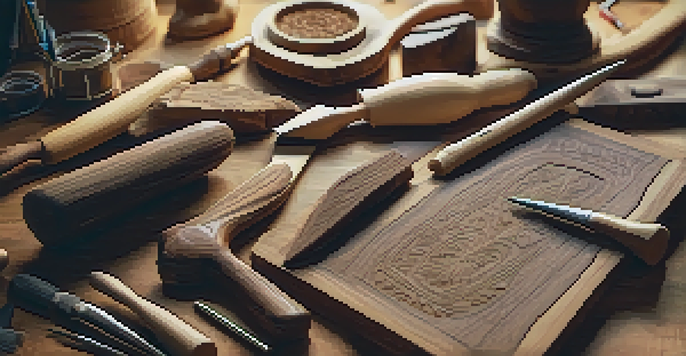 A tidy wood carving workspace with tools and wood on a table, lit softly to show the textures.