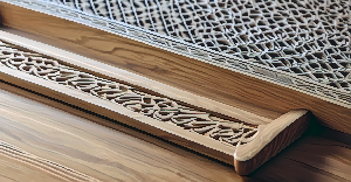 A close-up of an intricately carved wooden tray with detailed chip carving patterns, resting on a rustic wooden table.