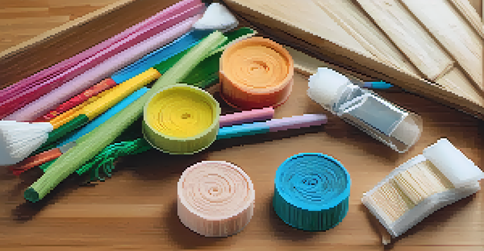 A close-up view of biodegradable carving supplies on a wooden table, showcasing colorful PLA filaments, bamboo tools, and hardwood pieces with soft lighting and a green background.