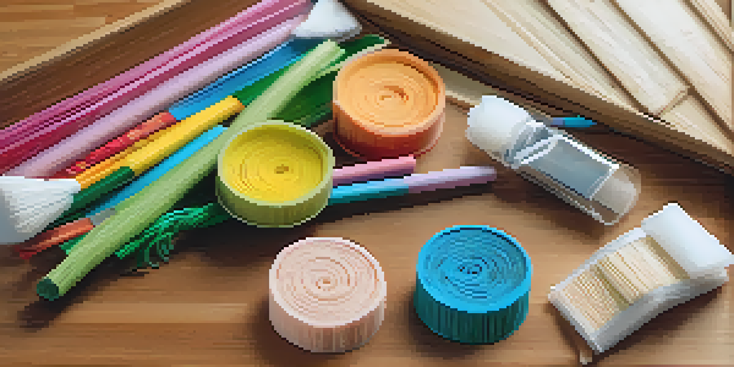 A close-up view of biodegradable carving supplies on a wooden table, showcasing colorful PLA filaments, bamboo tools, and hardwood pieces with soft lighting and a green background.
