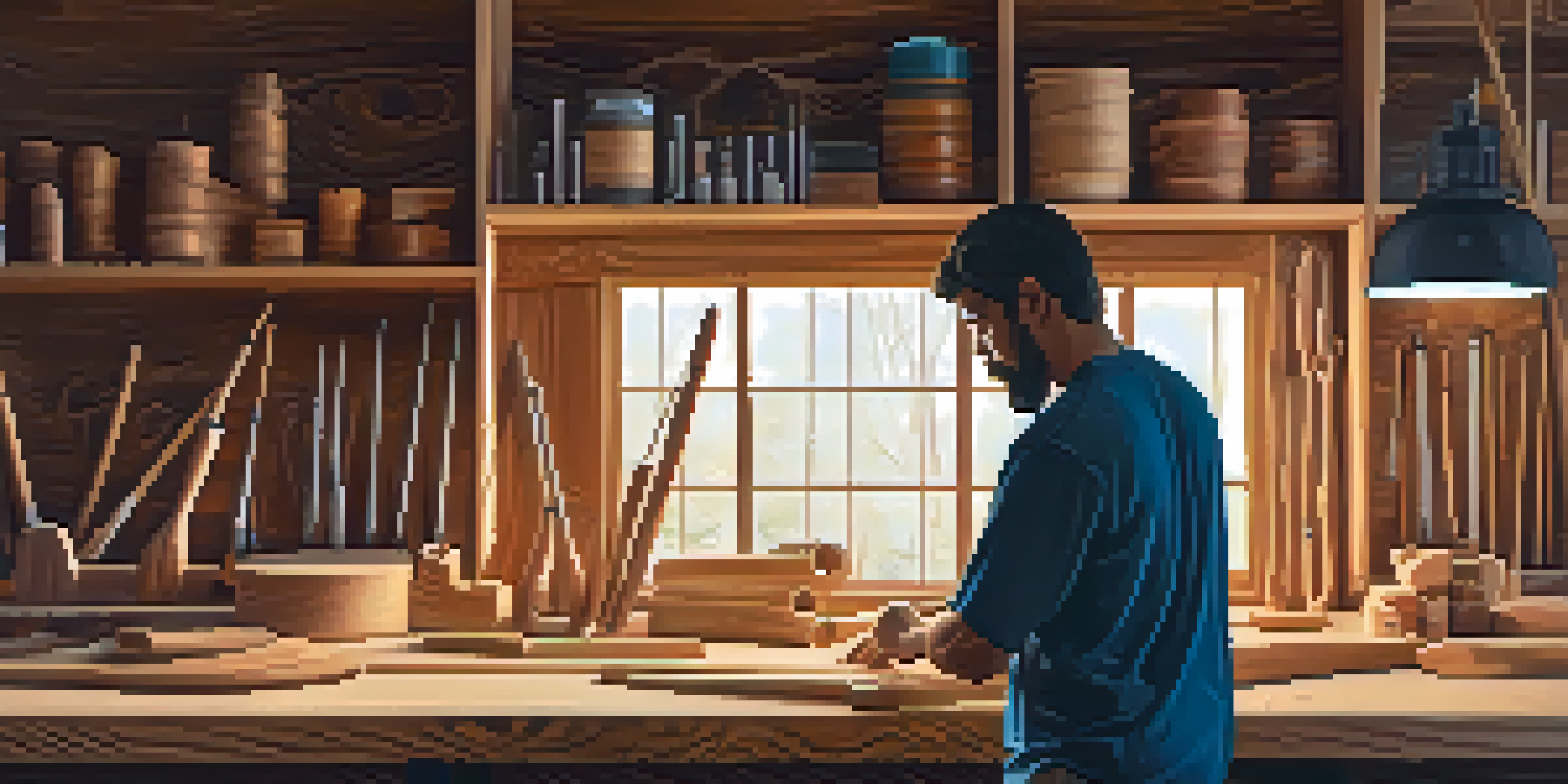 A woodworker in a workshop with a digital carving design projected on a piece of wood, surrounded by tools and warm natural light.