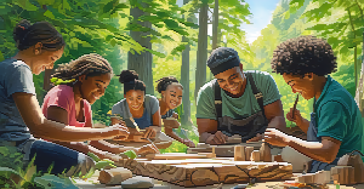 A diverse group of people participating in an outdoor mindful carving workshop, surrounded by nature and engaged in their craft.