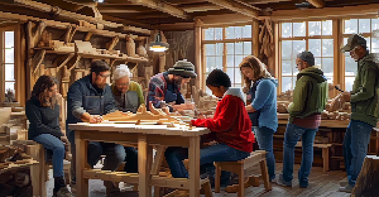 A group of people participating in a wood carving workshop, showcasing collaboration and creativity in a warm, inviting space.
