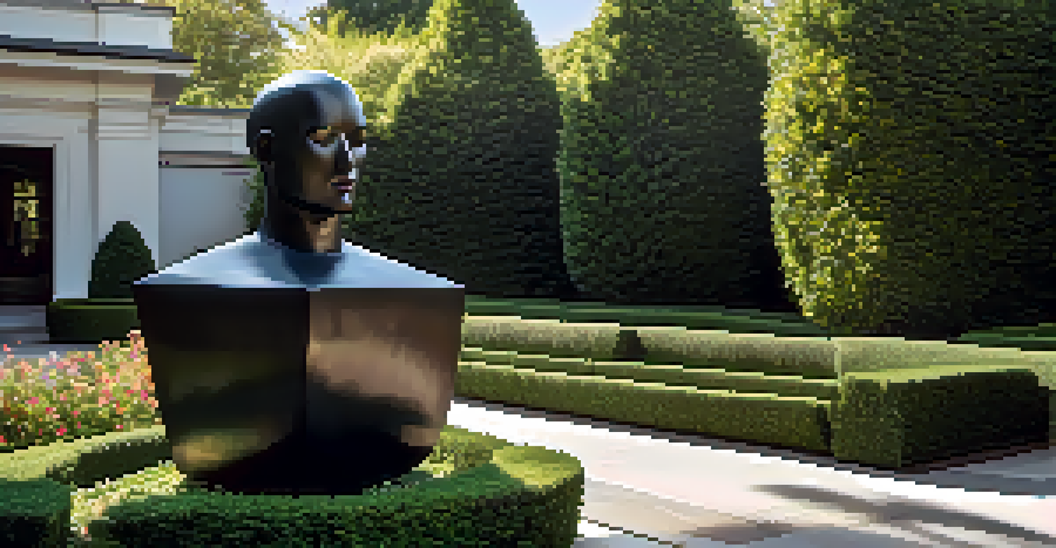 A modern garden featuring a polished granite sculpture surrounded by greenery and colorful flowers, under bright sunlight.