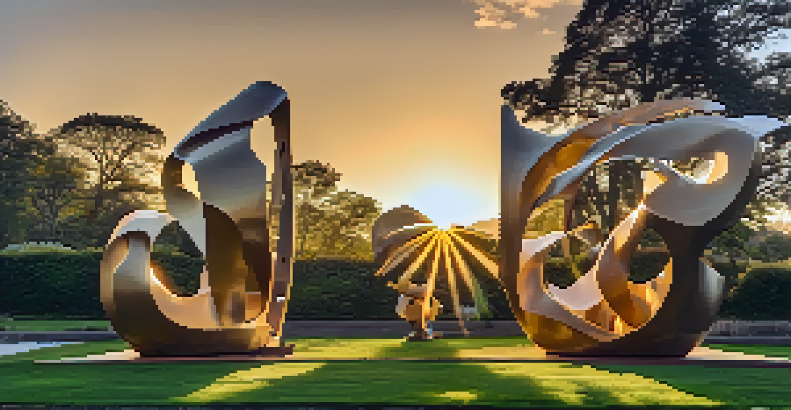 An outdoor exhibition featuring large metal sculptures set in a green landscape, illuminated by golden sunset light, showcasing designs inspired by local culture and history.