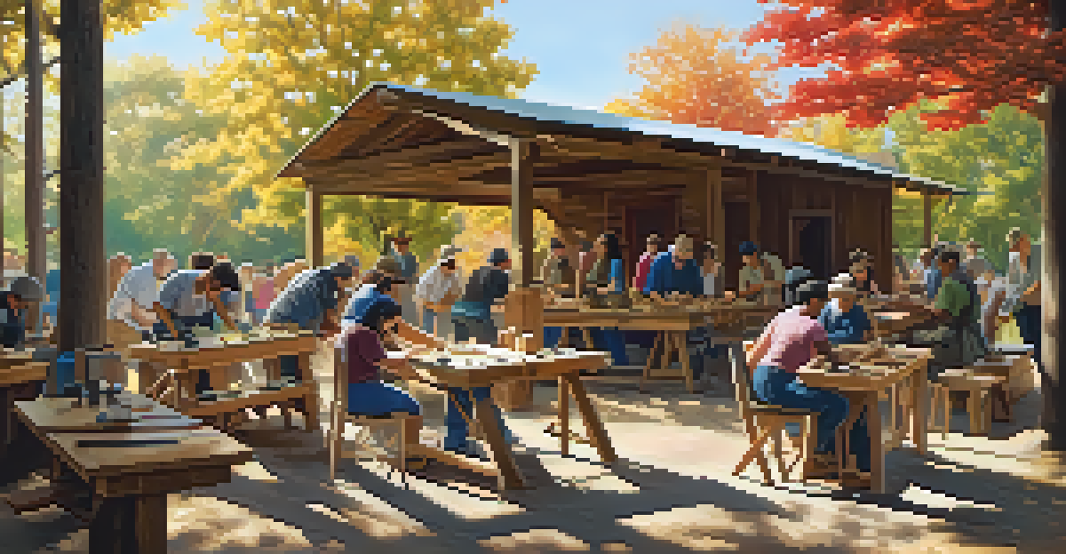A vibrant outdoor community workshop where people are engaged in wooden carving restoration activities under the trees.