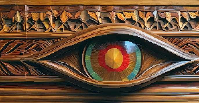 A detailed close-up of a colorful wooden sculpture with intricate carvings, illuminated by soft natural light on a rustic wooden table.