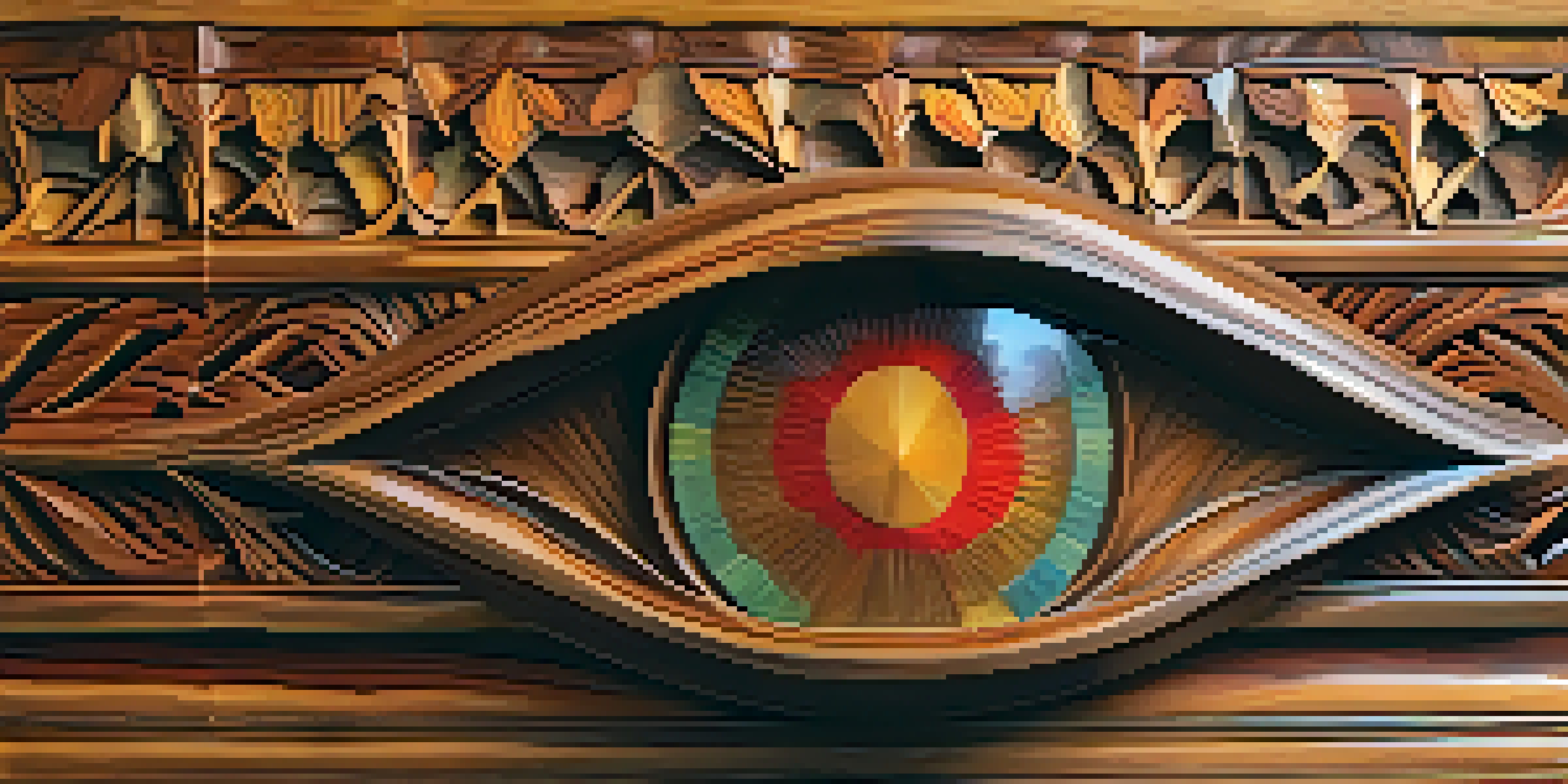 A detailed close-up of a colorful wooden sculpture with intricate carvings, illuminated by soft natural light on a rustic wooden table.