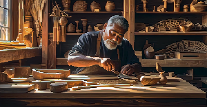 An artisan carefully carving a wooden mask in a bright workshop, with tools and wood shavings around them.