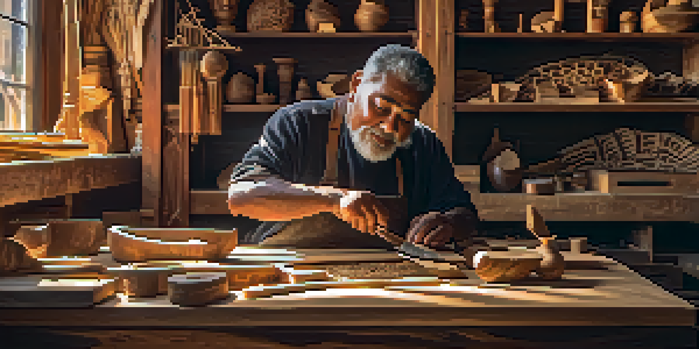 An artisan carefully carving a wooden mask in a bright workshop, with tools and wood shavings around them.