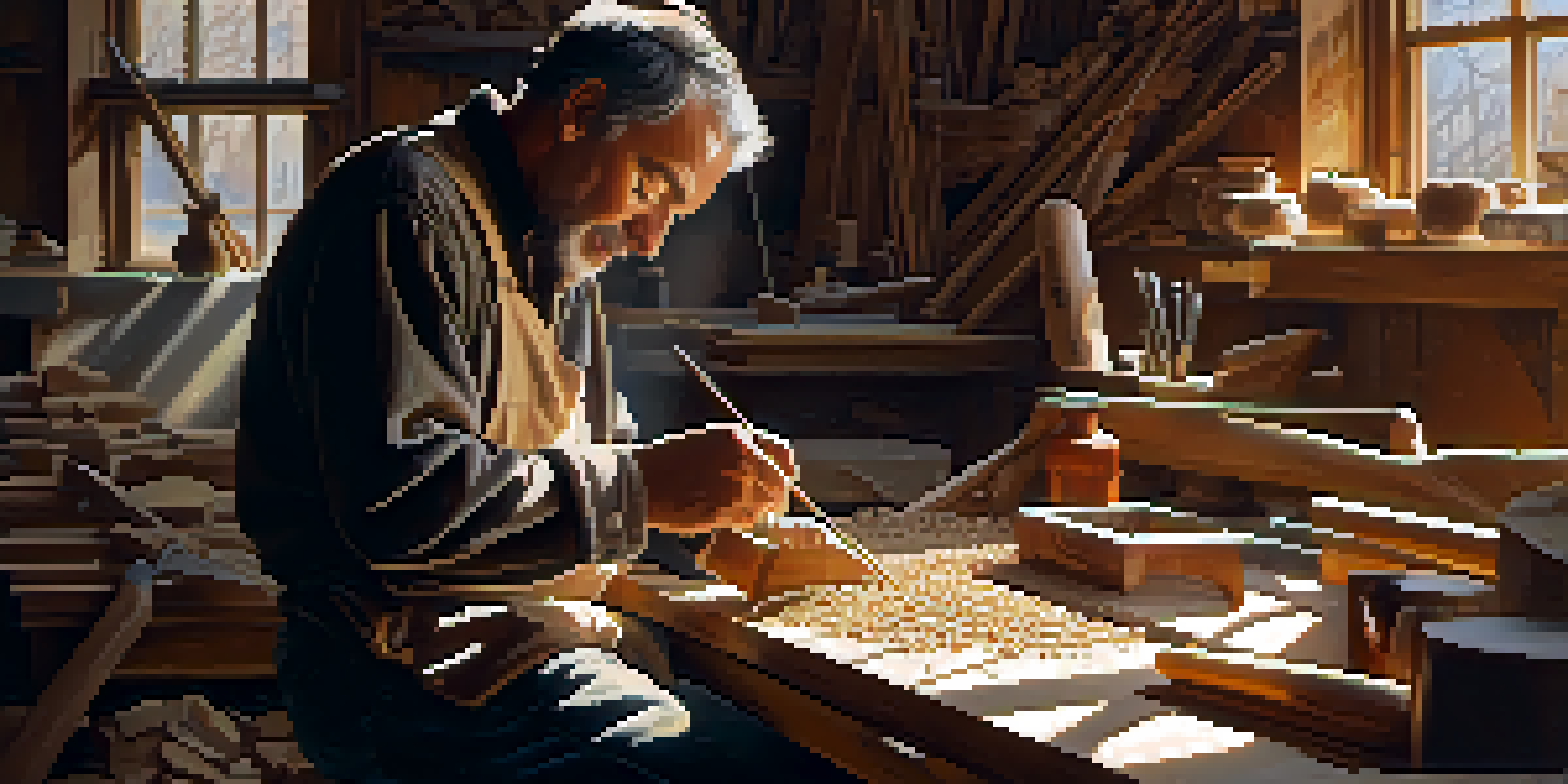 An artisan working diligently on a wooden sculpture in a sunlit workshop, surrounded by tools and wood shavings.