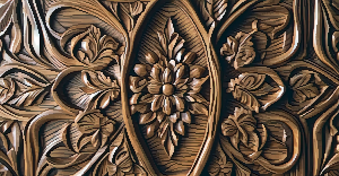 Close-up of a wooden relief carving featuring intricate floral designs with visible wood grain and shadows enhancing the depth.