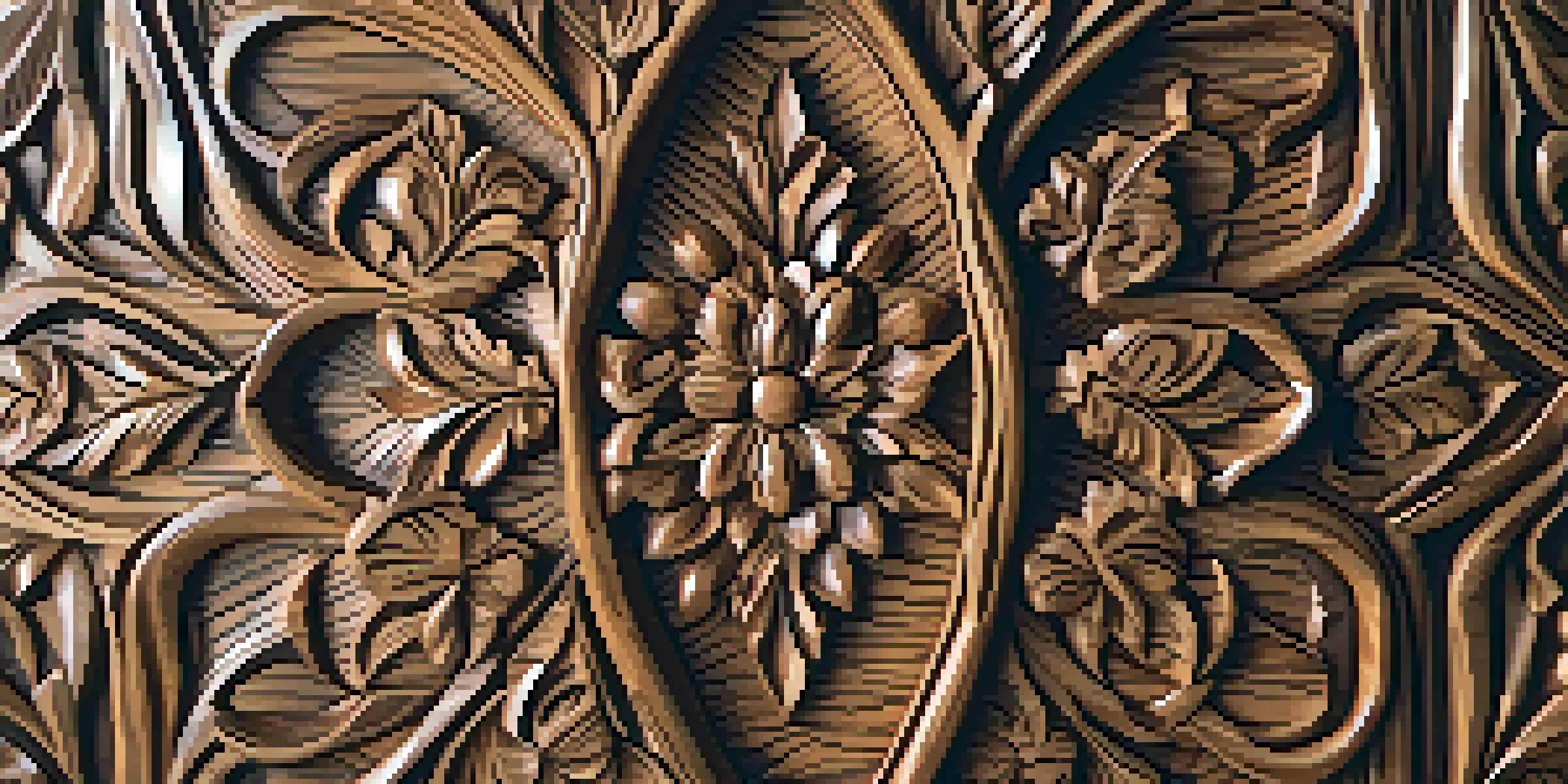 Close-up of a wooden relief carving featuring intricate floral designs with visible wood grain and shadows enhancing the depth.