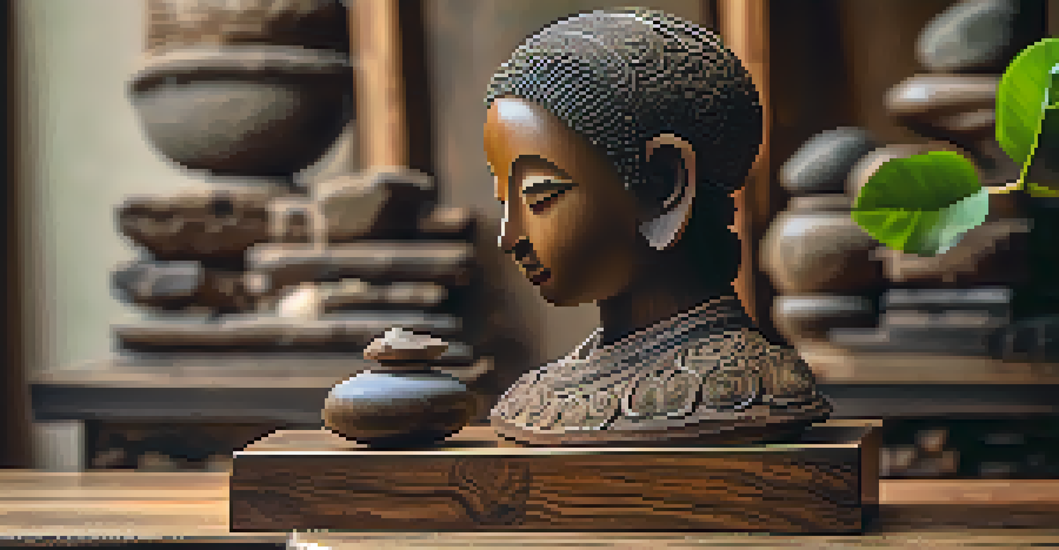 A close-up of a carved wooden sculpture showing intricate details, placed on a rustic table with natural elements.