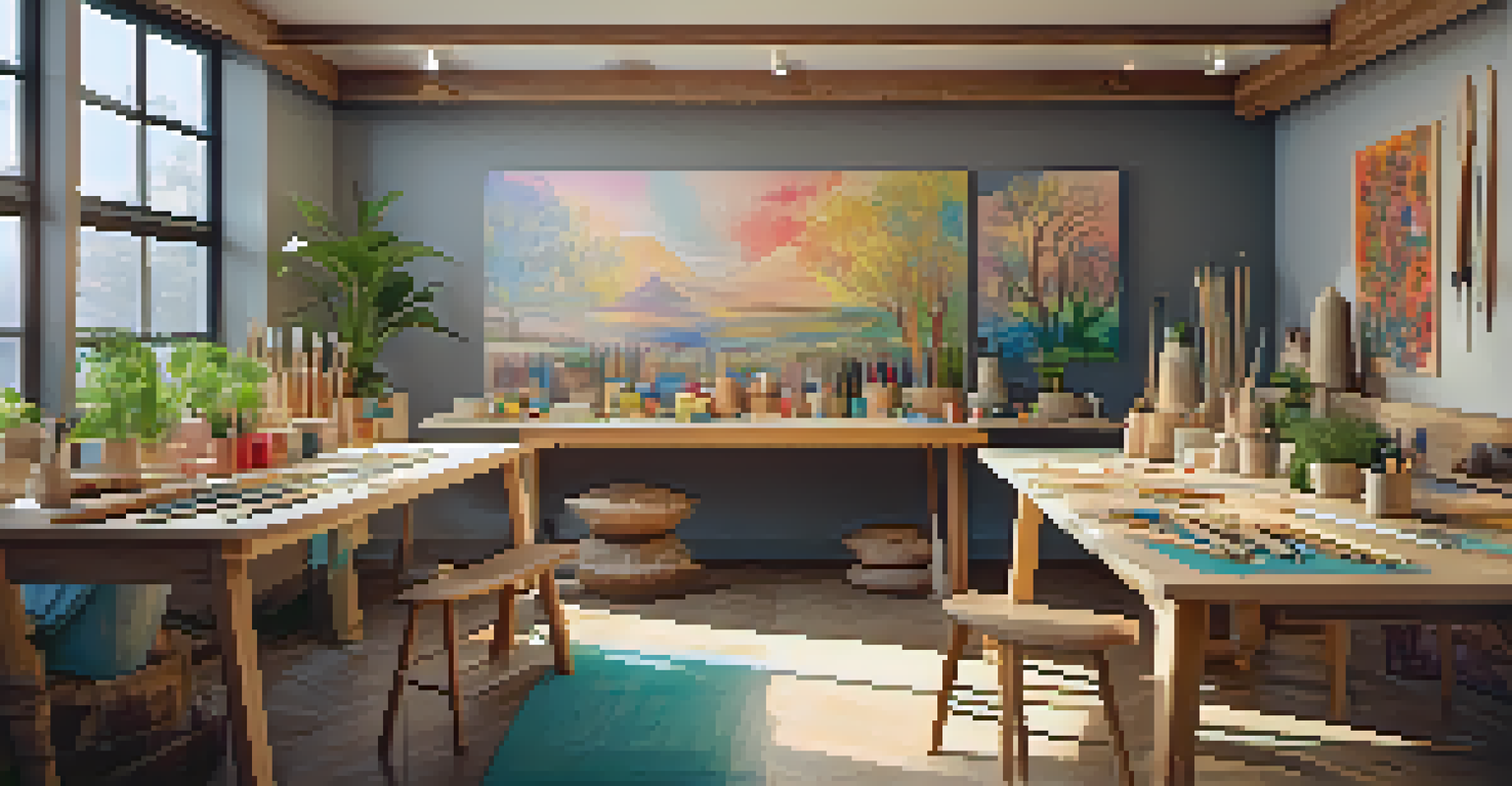 An inviting art therapy space with a wooden table filled with carving tools and wood blocks, surrounded by colorful artwork and plants, creating a calm environment.