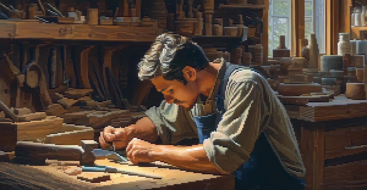 A craftsman sharpening a carving tool at a whetstone in a cozy workshop, surrounded by wood shavings and warm lighting.