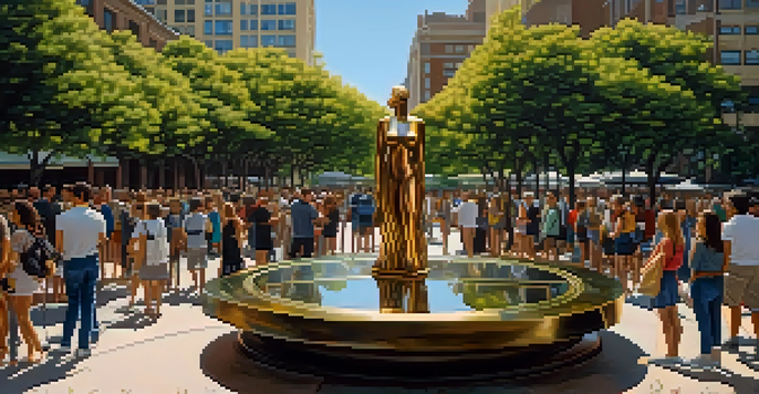 A large bronze sculpture in an urban park, with people admiring it and greenery in the background.