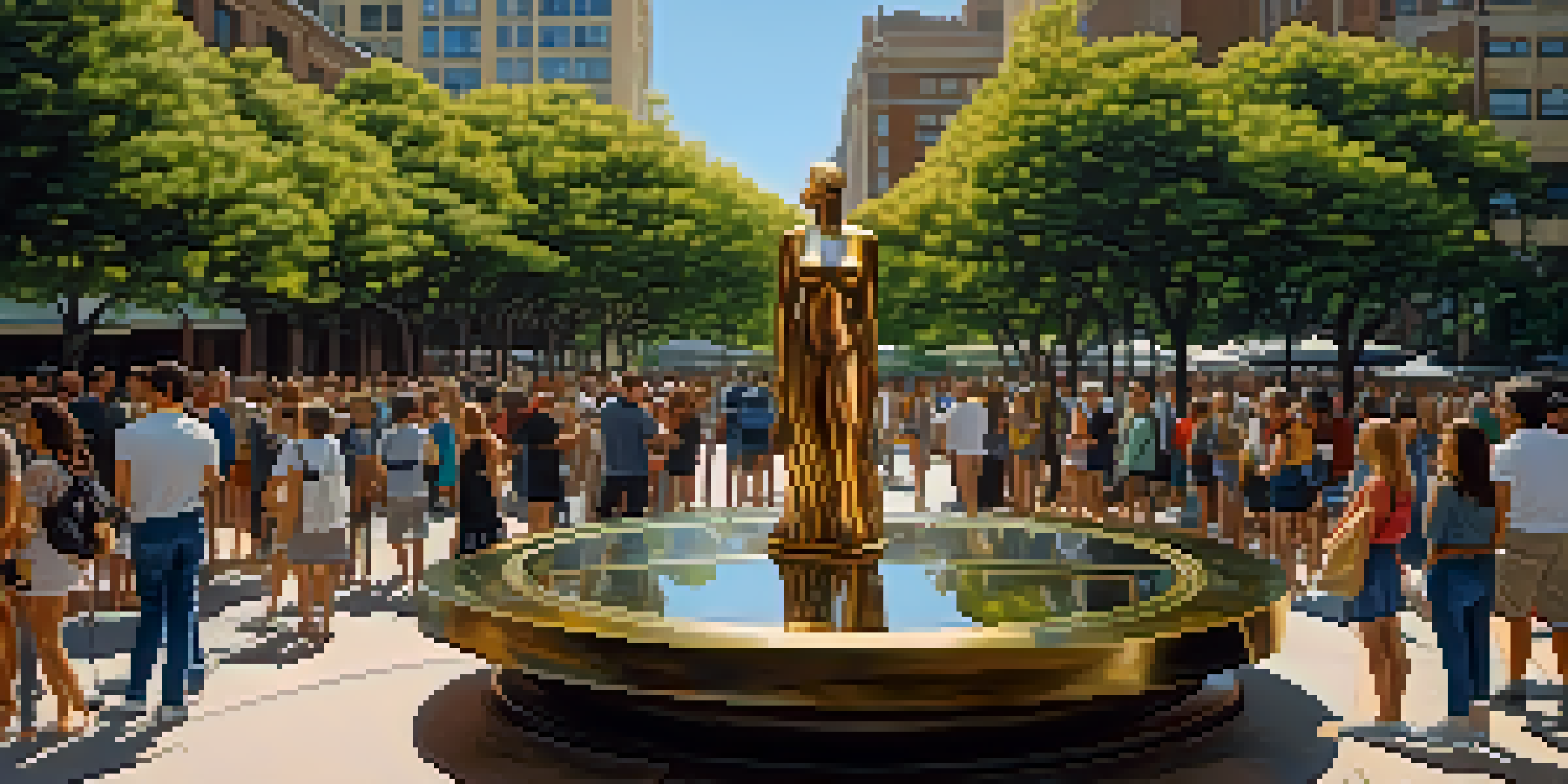 A large bronze sculpture in an urban park, with people admiring it and greenery in the background.