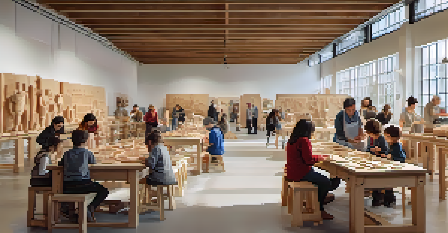 A lively workshop with participants learning carving techniques, surrounded by tools and a video display.