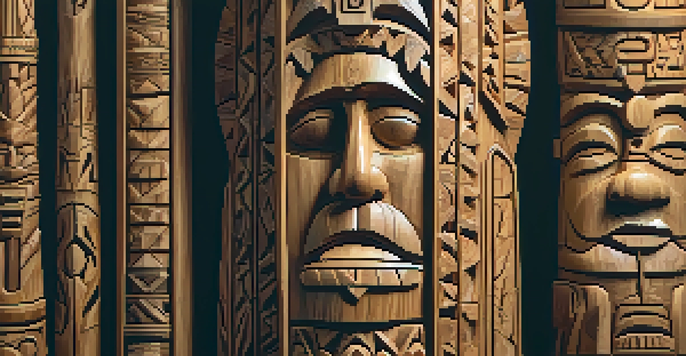 An artisan is carving detailed patterns on a totem pole in a sunlit workshop, surrounded by tools.