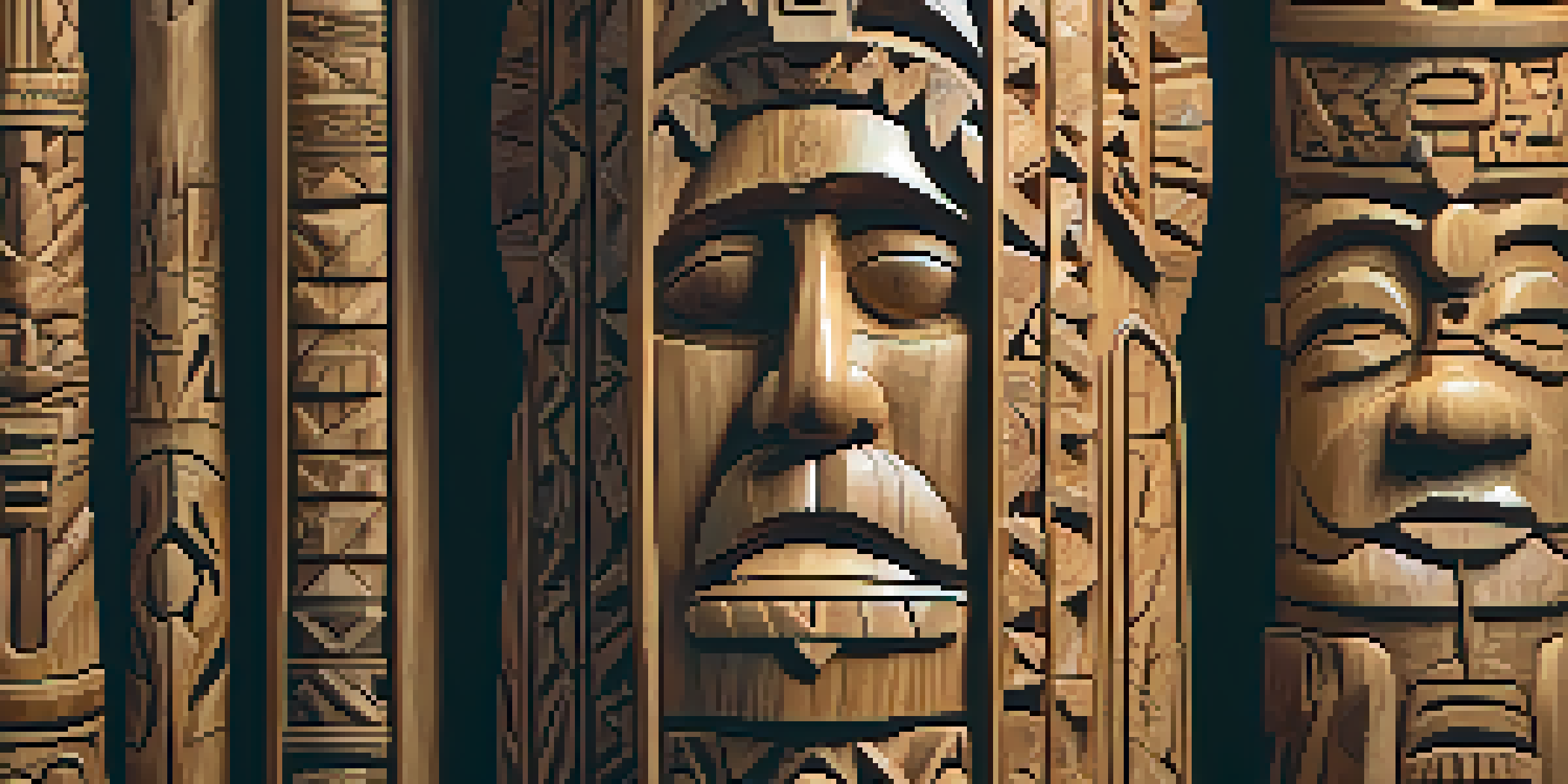 An artisan is carving detailed patterns on a totem pole in a sunlit workshop, surrounded by tools.