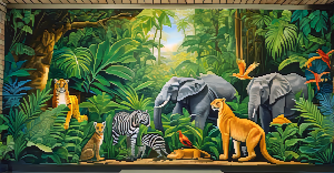 A colorful mural of endangered species in a green jungle, with sunlight filtering through leaves.