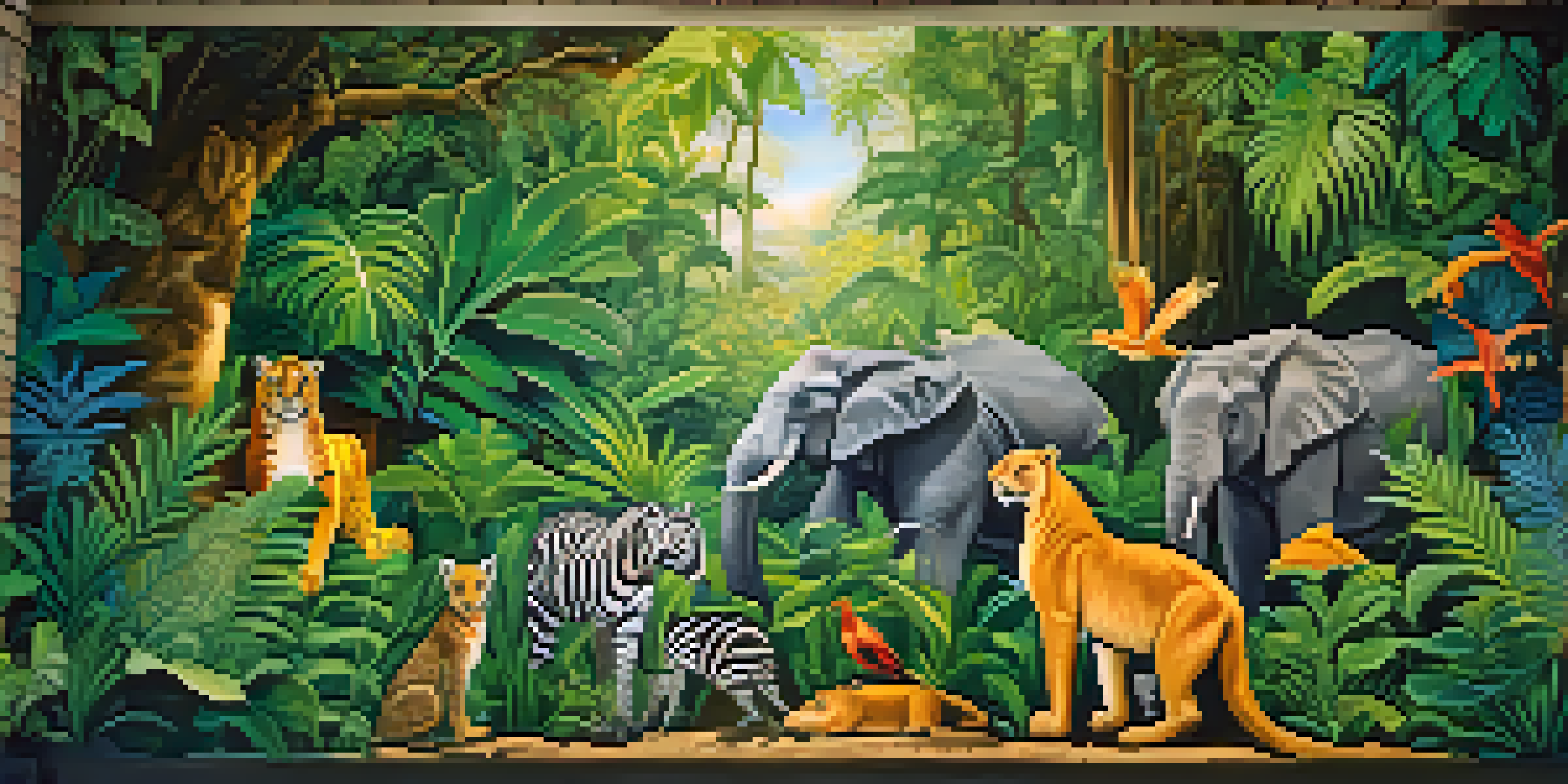 A colorful mural of endangered species in a green jungle, with sunlight filtering through leaves.