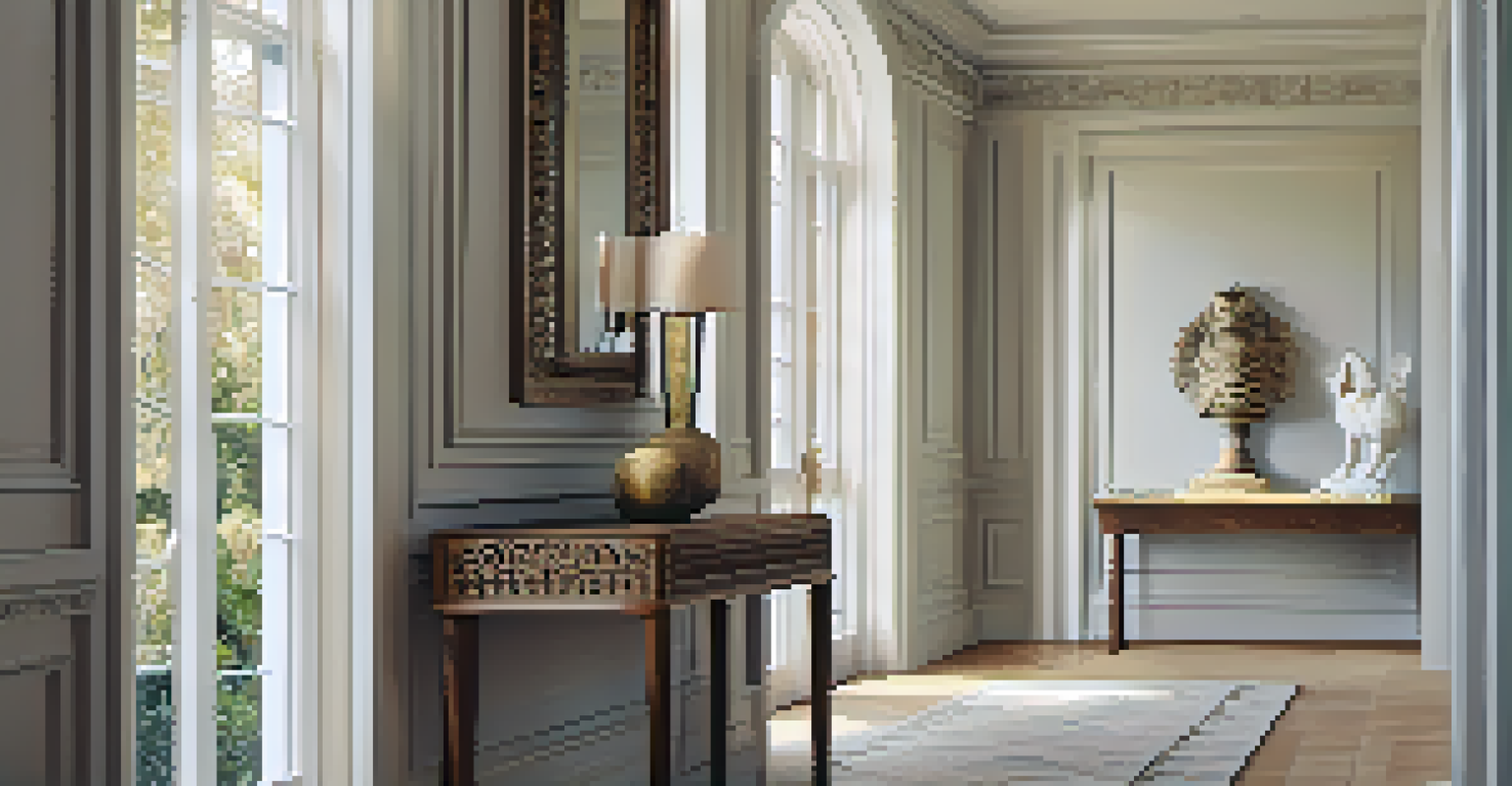 A serene hallway with a carved mirror and a sculpture on a console table, illuminated by natural light.