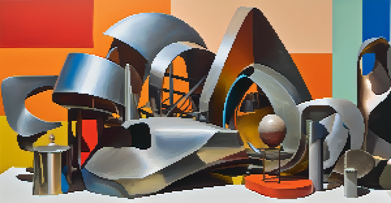 An abstract contemporary sculpture installation made from metal and found objects in a natural landscape with sunlight.