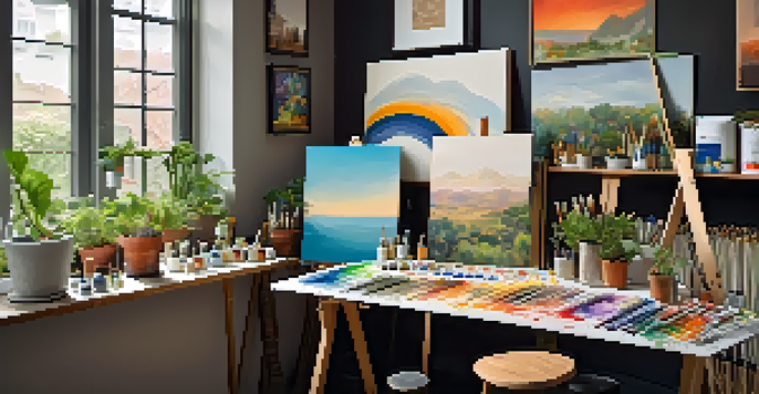 A cozy artist's corner with a wooden table, paint supplies, and inspiring artworks on the walls.