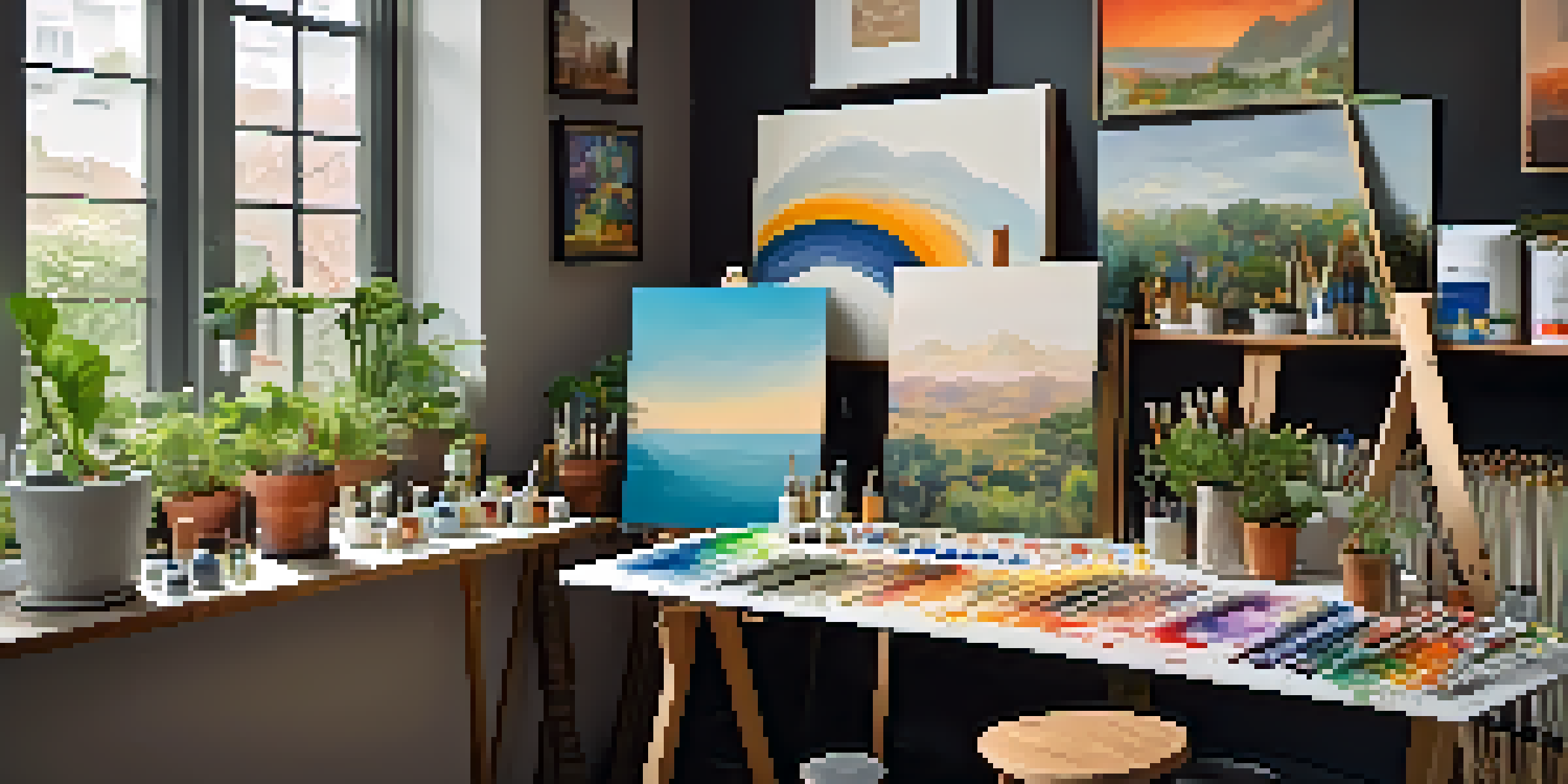 A cozy artist's corner with a wooden table, paint supplies, and inspiring artworks on the walls.