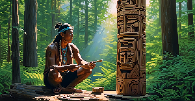 An Indigenous artisan carving a totem pole in a forest, with sunlight filtering through trees and wood shavings around.