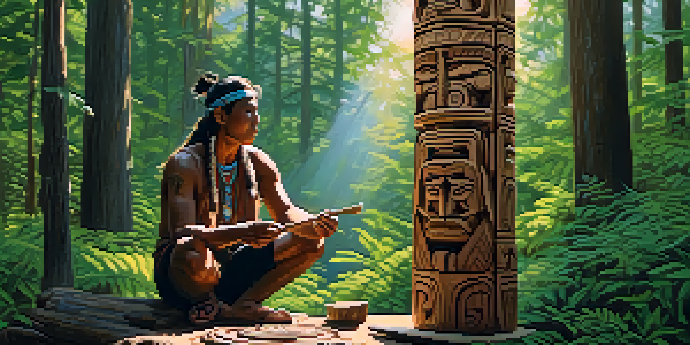An Indigenous artisan carving a totem pole in a forest, with sunlight filtering through trees and wood shavings around.