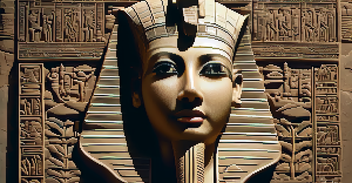 A detailed close-up of an ancient stone carving of a pharaoh with hieroglyphics, illuminated by warm light in an archaeological setting.