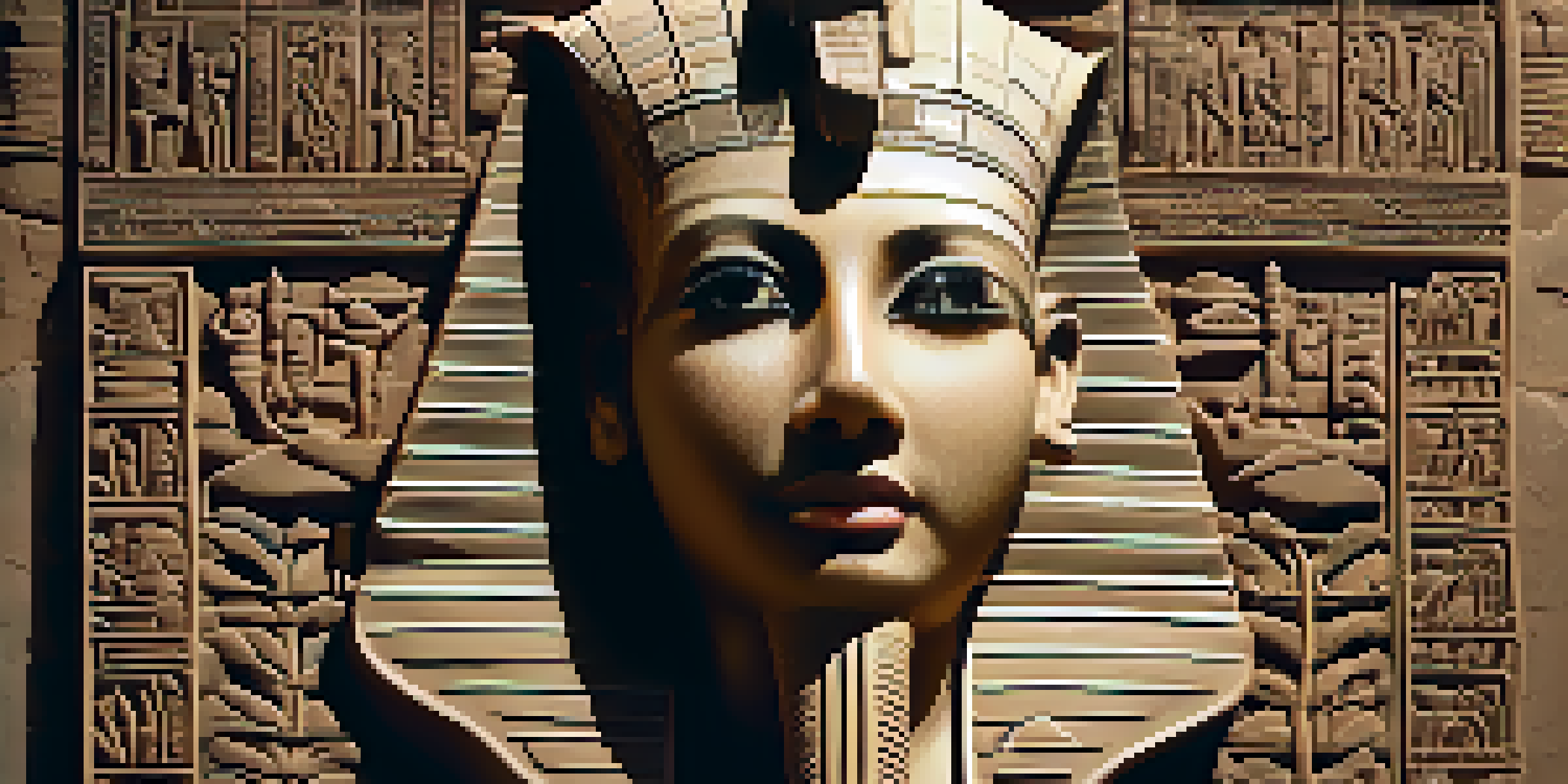 A detailed close-up of an ancient stone carving of a pharaoh with hieroglyphics, illuminated by warm light in an archaeological setting.