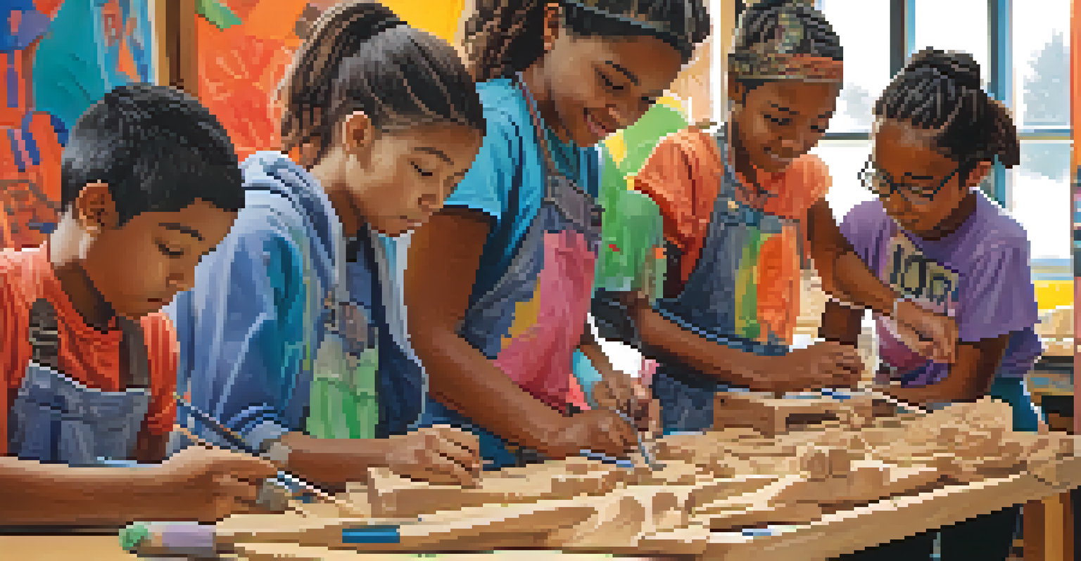 A group of young people collaborating on carving projects in a bright workshop filled with art supplies and cultural decorations.