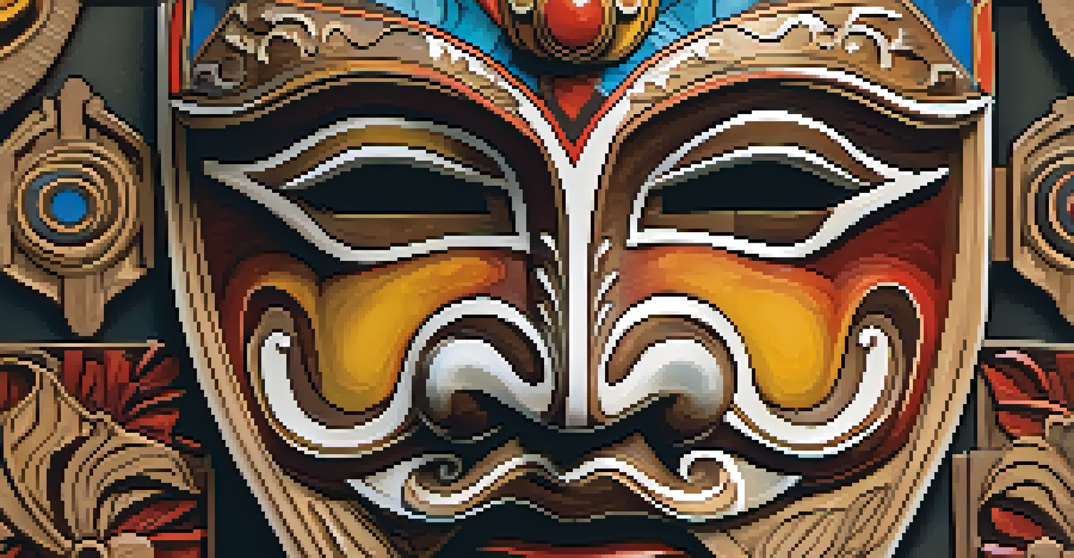 A detailed close-up of a carved wooden mask, highlighting its intricate designs and vibrant colors.