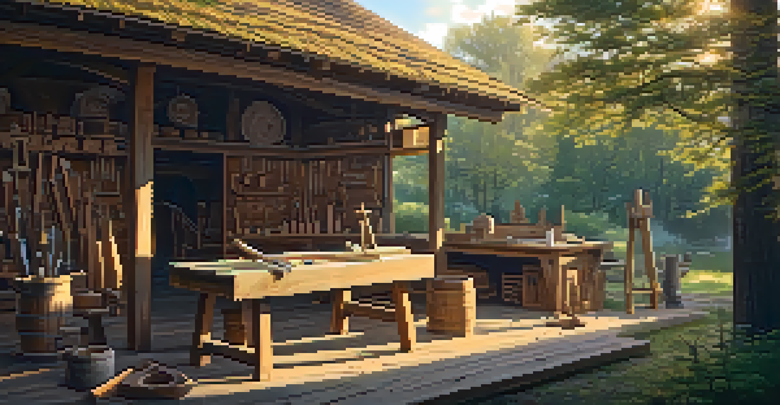 An outdoor carving workshop with a rustic table, carving tools, and a sculpture in progress, bathed in golden sunset light.