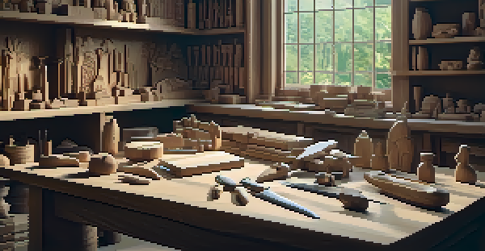 A well-lit woodworking space with a table displaying carving tools and a partially carved bird figure, surrounded by shelves holding wooden blocks and finished carvings.