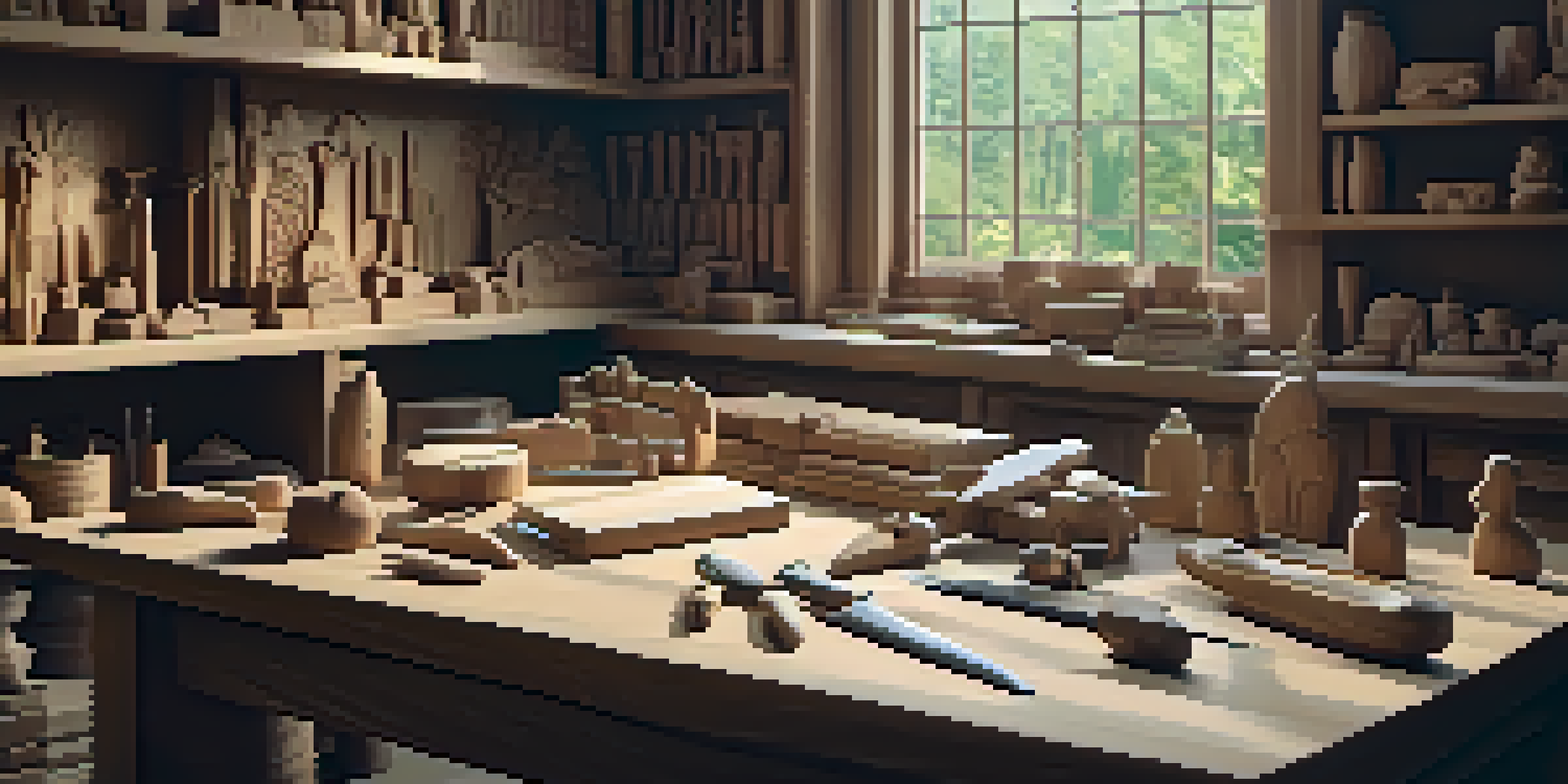 A well-lit woodworking space with a table displaying carving tools and a partially carved bird figure, surrounded by shelves holding wooden blocks and finished carvings.