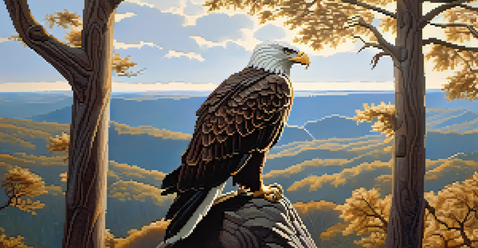 A wooden eagle sculpture with intricate feather details, sitting on a rocky surface illuminated by sunlight.